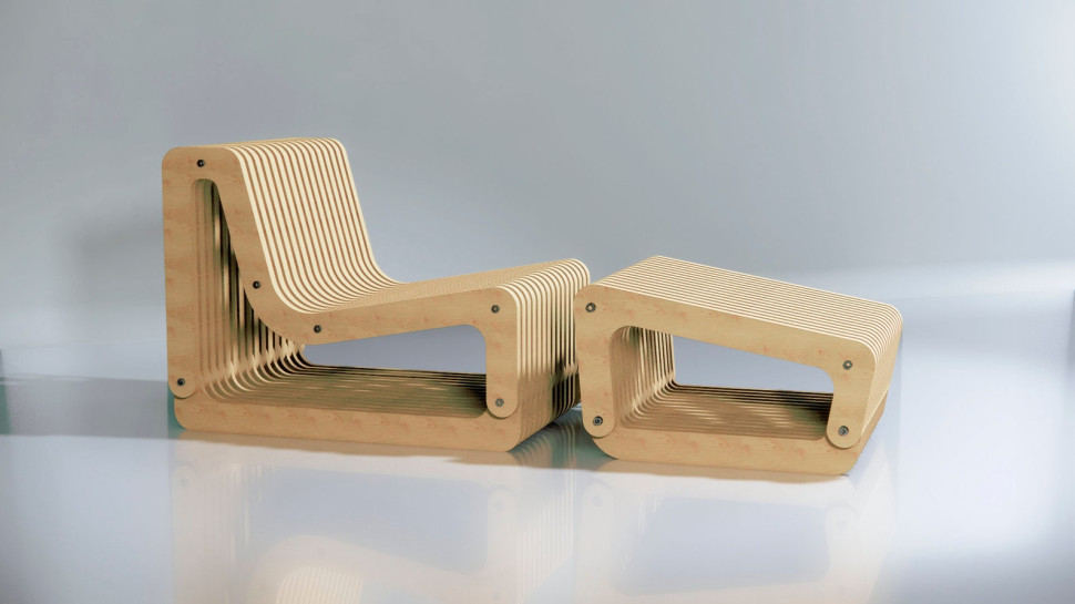 Set of an armchair and a footrest