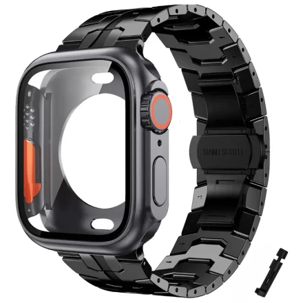 Hard PC Case+Band Set For Apple Watch 46mm 42mm 44mm 45mm 41mm 40mm Metal Stainless Steel Strap with Tempered Glass Screen Protector Hard PC Case for iWatch Series 10 9 8 7 6 5 4 se Men Women