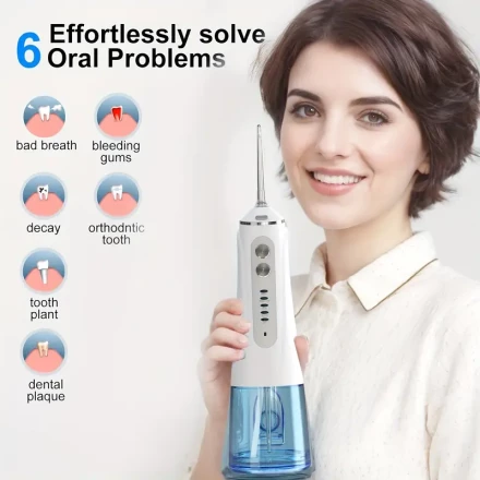Cordless Water Flosser with 6 Jet Tips, 5 Modes, USB Rechargeable Lithium Battery, Oral Irrigator for Teeth Whitening, 300mL Capacity, ≤36V Operating Voltage, Portable Dental Care Kit for Home & Travel