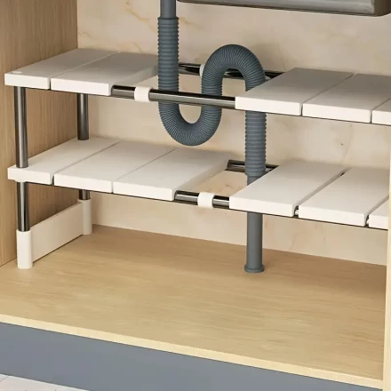 Adjustable Stainless Steel Under-Sink Organizer - Multi-Tier Kitchen & Bathroom Cabinet Storage Rack, Space-Saving Design, Under-Sink Organizer