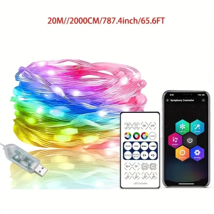 SmartBoluoova Smart LED Fairy String Lights, USB Powered RGB-IC Multi-Color Wall Mount Lamp with App Control, Wireless Infrared, Non-Rechargeable Button Battery, Ideal for Christmas, Bedroom, Party, Home Decor