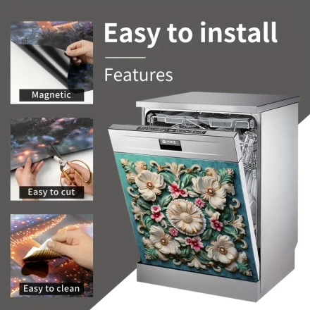 European Floral Magnet Dishwasher Cover, 1pc Floral Dishwasher Refrigerator Vinyl Sticker, Farmhouse Kitchen Decoration Magnetic Dishwasher Panel Sticker 58.42X66.04 cm