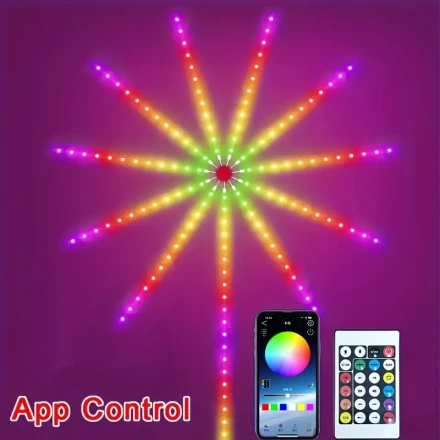 smart LED fireworks lights, light strips, bedroom lights, hall decoration lights RGB+IC USB support application and remote control color changing brightness adjustable lights, wireless LED decoration lights for indoor scenes, parties, and bedroom hall dec