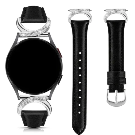 Pink Genuine Watch Strap with Rhinestone Accents, Ultra-Thin Designer Interlocking Buckle for Samsung Galaxy Watch 7/6/5/4 (44mm/40mm), Watch 6 Classic (47mm/43mm), Watch 5 Pro, Watch 4 Classic, Watch 3 (41mm), Active 2 (20mm) - Stylish Women’s Smartwatch