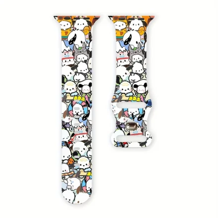 Sanrio Pochacco Cute Kawaii Cartoon Silicone Smartwatch Band for Apple Watch Ultra/SE/1/2/3/4/5/6/7/8/9/10, Waterproof, Butterfly Buckle, Fits 38/40/41/42/44/45/46/49mm, Design, Vibrant Animal Print, Stainless Steel Clasp, Apple Watch Accessories