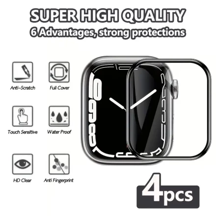 4-Pack High-Quality HD Clear Screen Protector for Apple Watch Series Ultra/SE/10/9/8/7/6/5/4/3/2/1 - Touch Sensitive, Full Coverage, 2H Hardness Plastic, Compatible with 38mm/40mm/41mm/42mm/44mm/45mm/46mm/49mm Models, Anti-Scratch & Waterproof