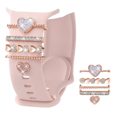 5pcs Rose Golden Heart Watch Band Charms for Women, Soft Silicone Decorative Rings with LOVE Design & Rhinestones, Compatible with iWatch Series 10/9/8/7/6/5/4/3/2/1 Ultra SE/SE2, Fits 40mm-49mm Bands