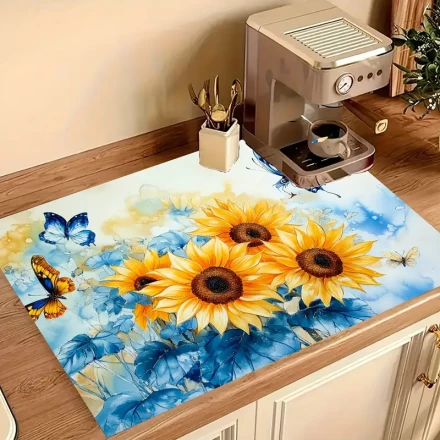 1pc, Polyester Non-Slip Stove Cover Mat, Watercolor Sunflower & Blue Butterfly Design, Vibrant Kitchen Accessory, Home Decor Protective Cover for Stove and Desktop