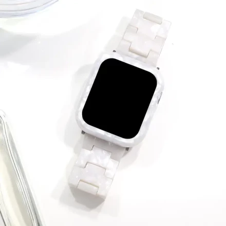 2in 1 ABS Black flower, sakura, nougat, Pearl white Resin Smart Watch Bands, Hollow-Out Resin Protective Case Same color as the strap, Compatible with iWatch Series 10 9 8 7 6 5 4 3 2 1 SE, for Sizes 38/40/41/42/44/45/49/46mm, Stylish Watchband Accessorie