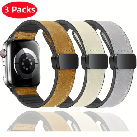 3-Pack Magnetic Leather & Silicone Watch Bands, Compatible with Apple Watch 38mm-49mm, Genuine Cowhide &, Foldover Clasp, Metal Buckle, Sports Strap for Men & Women