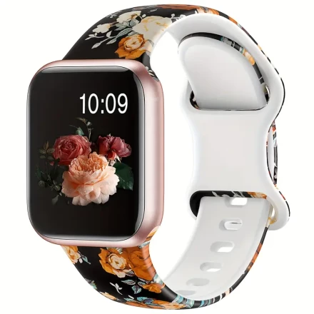 for Apple Watch Band 42mm 44mm 45mm 46mm 49mm 41mm 40mm 38mm for Women Series 10 9 8 7 Series 6 Series 5 4 3 2 1 Band, Fancy Silicone Floral Printed Pattern Replacement Band for iWatch SE