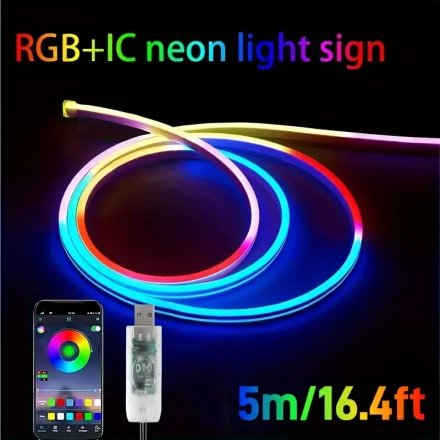 USB 5V IC RGB Neon Rope Light, Smart APP Controlled LED Strip Light, Music Same, Smart Color Changing DIY Mode for Bedroom, Indoor, Outdoor, Game Room Decoration (100.58/298.7/499.87cm)