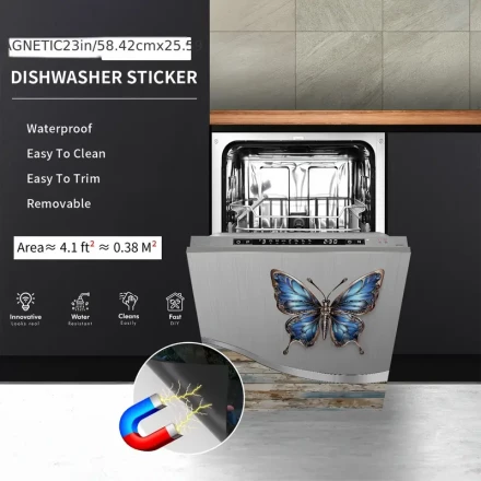 1pc 3D Blue Butterfly Stopping on Silver Door Pattern PVC Adhesive Magnetic Dishwasher Cover, Reusable, No Electricity Needed, Durable, for Dishwasher, Refrigerator, Washing Machine and Cabinet Decoration, Door Decoration