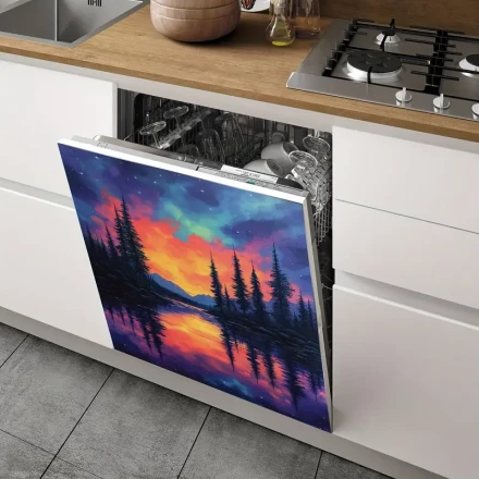 Vibrant Sunset Forest Magnetic Dishwasher Cover - PVC Vinyl Sticker for Kitchen Decor, 58.42x66.04 cm, Colorful Volcanic Landscape Design, Durable & Easy-to-Clean Appliance Accessory, Kitchen Appliance Decor | Magnetic Appliance Cover | Easyclean Material