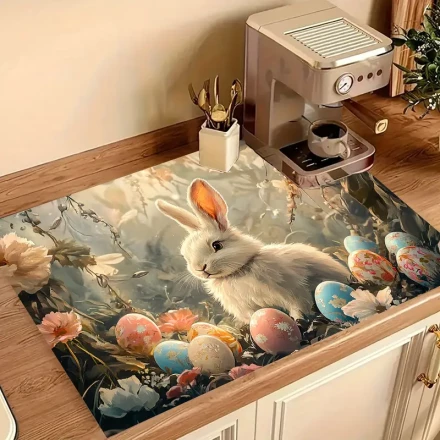 1pc Easter Bunny Stove Mat, Polyester Anti-Slip Stove & Desktop Protective Cover, Vibrant Holiday Kitchen Decor with White Rabbit & Easter Eggs Design, Festive Home Decoration Accessory