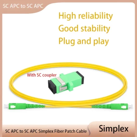 SC/APC to SC/APC Fiber Optic Cord, Simplex, Single-Mode, Compatible with OS1/OS2, 9/125Um, LSHZ, 3.0Mm, Yellow, with SC Adapter, Available in Lengths from 1M (3Ft) to 20M (66Ft)