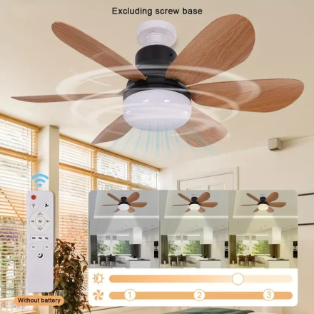 Socket Fan Light, with Light, with Remote Control, Dimmable LED 52.07 cm Ceiling Fan, 6pcs 3 Color E27/26 Base Ceiling Fan, Suitable for Bedroom, Kitchen, Study Black + Wood Grain, for Return School