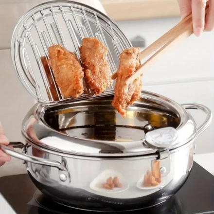 Stainless Steel Deep Fryer with Lid and Temperature Gauge: Perfect for Cooking Chicken, Shrimp, and French Fries