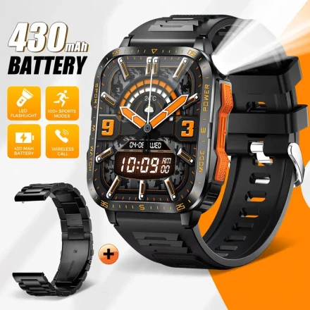 1pc EIGIIS Smart Watch for Men, 4.98cm IPS Display, 430mAh Rechargeable Battery, Wireless 5.3, USB Charging, LED Flashlight, 100+ Sports Modes, Workout & Camera Control, Multi-Function Square Smartwatch Compatible with iPhone & Android