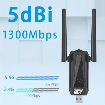 1300Mbps 5dBi Dual-Band Wireless USB WiFi Adapter with High Gain Antenna, Plug and Play for Windows 7/8.1/10/11 - Enables WiFi and Mobile Hotspot Function
