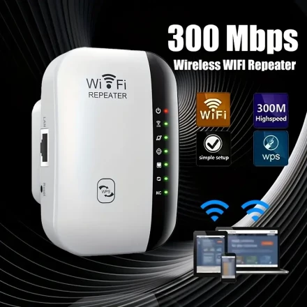 1pc OURLIFE 300Mbps Wireless WiFi Repeater with Ethernet LAN Port, 2.4GHz Single Band Extender, Push Button Control, Compatible with Amazon Alexa, Power Supply Operated, Fixed Antenna, for Home & Business Use - European Standard Plug, Gaming Network Acces