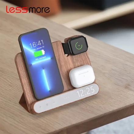 3 in 1 Wireless Charging Station, 15W, Wooden, USB Type-C, Travel Power Adapter, ≤36V, USB Mode, Without Battery, for iPhone 16 15 14 13 Pro XS 8 Plus, Samsung Galaxy S23 S22 S21 Note 20, Google, iWatch 1-9