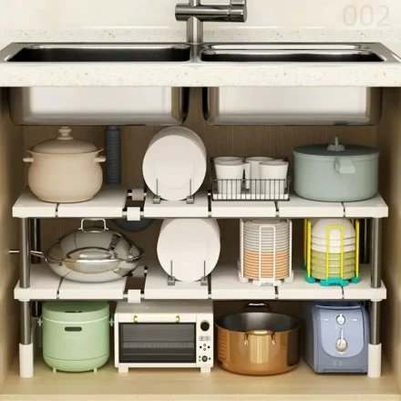 1pc Expandable Plastic Kitchen Storage Rack Organizer - Multifunctional Under Sink Pot and Tableware Holder - Durable, Adjustable Shelf for Home Organization