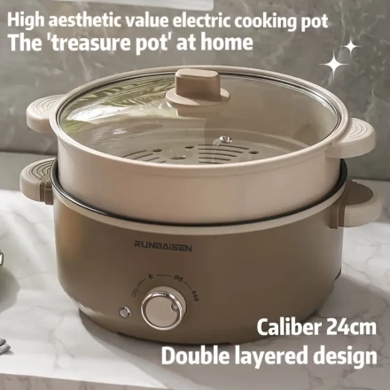 24CM Diameter Double-Layer Electric Cooking Pot for Home Use, Electric Hot Pot, Multifunctional Cooking Integrated Pot, Non-Stick Electric Frying Pan for Dormitories, Electric Steamer, Suitable for Various Occasions Such As Parties, Gatherings, Home Use, 