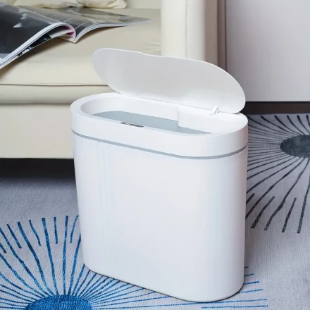 Classic black and white smart trash can, equipped with infrared sensing open cover function, striped decoration design, large capacity, suitable for family living room, bedroom, kitchen, bathroom, office, school
