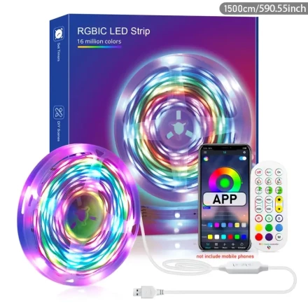 IC LED Light Strip with RGB Colorful Music Synchronous Color Change, Wireless LED Light with Intelligent Application Control Remote Control, Bedroom Living Room Computer TV Wall Backlight LED Light Strip, Family Gathering Party Christmas Decoration Lighti
