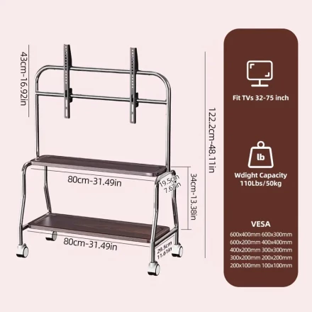 1pc Adjustable Stainless Steel TV Stand, Fits 32-75 Inch Screens, Cart-Mounted with Locking Wheels, VESA 600x400mm, for LED LCD Flat Curved Panels, Max 49.9 KG, Ideal for Bedroom, Living Room, Office