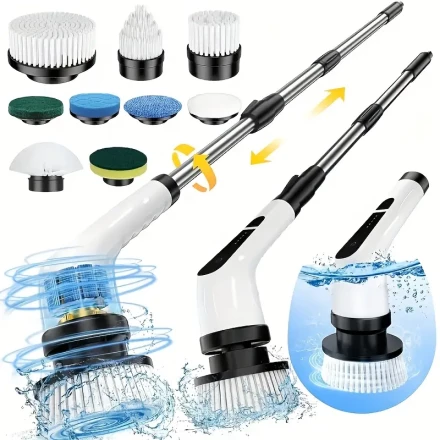 9-in-1 Electric Spin Scrubber with Wireless Brush Heads, Battery Indicator, Dual Speeds, Telescopic & Detachable Handle - USB Rechargeable for Kitchen, Bathroom, and Home Cleaning, Kitchen Scrubber | Sleek White Scrubber | Interchangeable Heads, Spin Scru