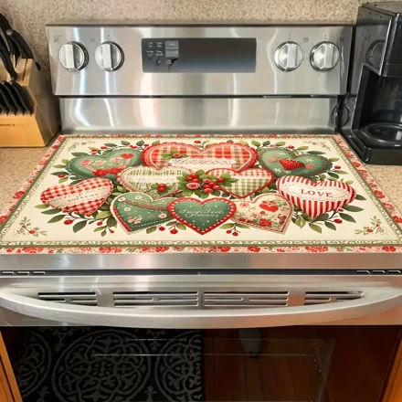 1pc Festive Heart Pattern Anti-Slip Stove Cover, 71.88 x 52.07 cm, Heat & Scratch Resistant Synthetic Material - Ideal for Flat Top Ovens, Dryers, and Kitchen Decor, Stove Top Protectors