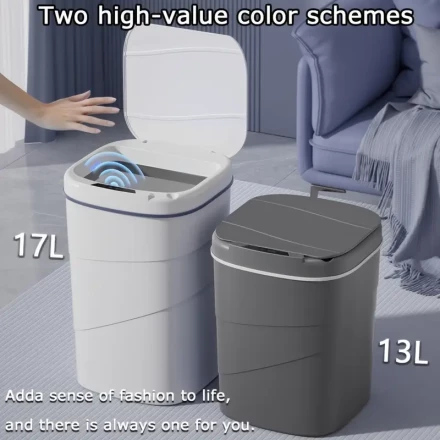 1pc Smart Trash Can with Infrared Sensor, 13L/17L Dual Capacity, Battery Powered with 2 AA Non-rechargeable Batteries, Includes 5 Bundles of 100 Garbage Bags, Suitable for Living Room, Bedroom, Multi-Scenario Use - Available in White, Gray, Black Stripes