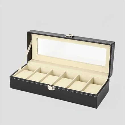 A Square Watch Display Case with a Suede Lining, a PU Flip Cover, a Black Six-Slot Watch Storage Box for Collection And Display - Interior Color Varies Randomly.