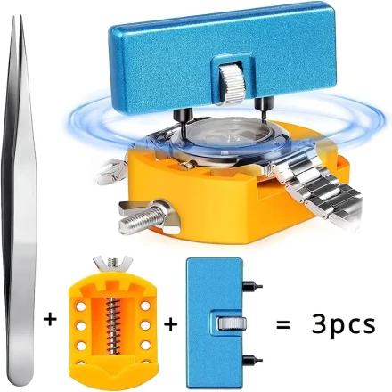 Set of 3 Watch Case Opening Tools, Designed for Non-Waterproof Watches, Includes a Wrench, Tweezers, And a Holder for Changing Batteries.