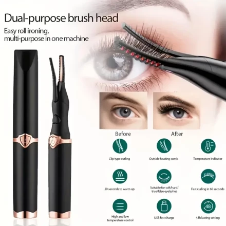 1pc Electric Eyelash Curler with Heated Brush - USB Rechargeable, 3 Temperature Settings, Quick 10-Second Preheat, Portable for Travel, Long-Lasting Curl, Lithium Polymer Battery