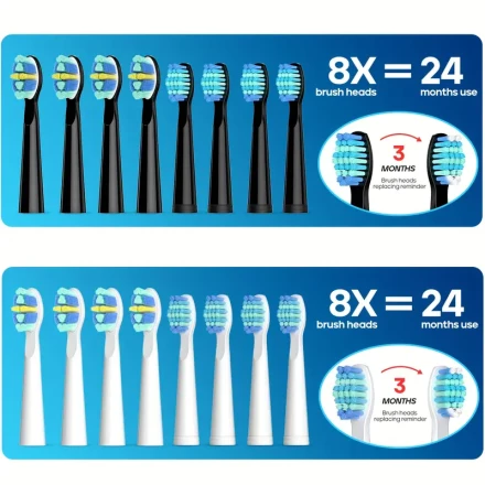 Seago Sonic Electric Toothbrush, 40,000 VPM, 5 Modes, USB Rechargeable with 8 Replacement Heads, 260mAh Battery, Copper-Free 3D Bristles, Round Top Design for 24 Months Use - Black/White