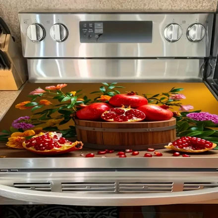 1pc Pomegranate Design Non-Slip Heat-Resistant Stovetop Protector, 71.88x52.07 cm, Scratch-Resistant Synthetic Basket Mat for Flat Top Oven, Kitchen Decorative Mat Without Battery
