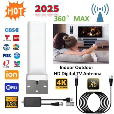 2025 Model HDTV Antenna, 4K Ultra HD Digital TV Antenna for Indoor & Outdoor Use, Compatible with HDTV, DVB-T2, DTMB, ATSC, DAB/FM, Easy Assembly, PC Material, No Charging or Battery Required