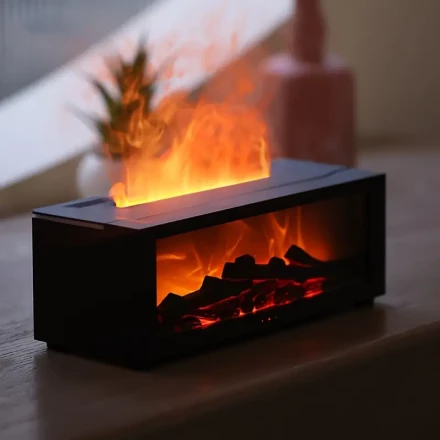 [Ambient Lighting] Sleek Black USB-Powered Humidifier with Realistic Flame Effect - Essential Oil Compatible, Night Light Feature, Ideal for Bedrooms & Living Rooms, Battery-Free Operation, Humidifiers for Bedroom