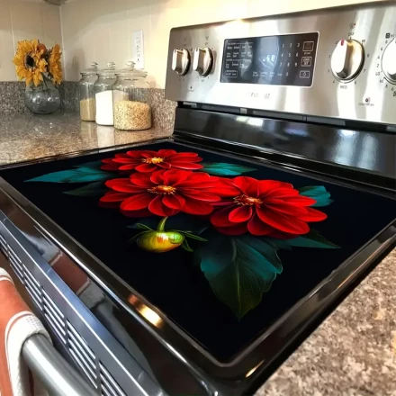 1pc Vibrant Red Dahlia Art Stove Mat - Polyester, Anti-Slip, Protective Cover for Stove and Countertops, Colorful Kitchen Accessory with Floral Design