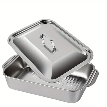 Extra-Large Heavy-Duty Stainless Steel Baking Pan with Lid - Non-Stick, Thickened Rectangular Oven Tray for Desserts, Bread & Seafood - Perfect for BBQs, Buffets & Holidays