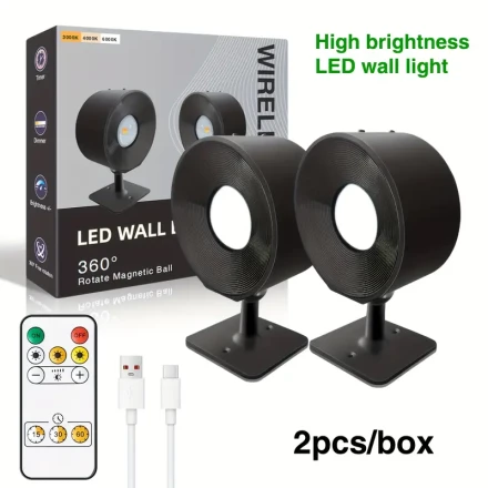 1/2pcs LED Magnetic Wall Sconces, 2000mAh USB Rechargeable Wall-Mounted Night Lights, 360° Rotatable Cordless Bedroom Lighting, with Remote Control, for Corridors, Stairs, Cabinets, Artwork - Non-Waterproof, ≤36V LED Lights with Lithium Battery