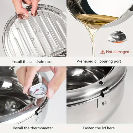 1pc 304 Stainless Steel Deep Fryer Pot, Frying Chicken Pot, Tempura Deep Fryer with A Thermometer and A Lid, Japanese Style Tempura Fryer Pan, 74.39oz (Diameter: 16.51cm)