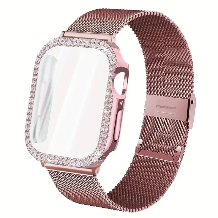 Milan Strap+ Diamond Shell Compatible with Apple Watch Sizes 40Mm, 41Mm, 44Mm, 45Mm, 42Mm, And 46Mm. This Adjustable Metal Strap Is Designed for Iwatch Series 10, 9, 8, 7, 6, 5, 4, And SE. It Features an Anti-Scratch PC Hard Shiny Crystal Diamond Protecti