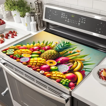 1pc Tropical Fruit Pattern Anti-Slip Stove Cover - Vibrant Pineapple, Bananas & Berries Design, 71.88 x 52.07 cm, Heat-Resistant & Scratch-Proof Synthetic Material, Protects Flat Top Ovens, Washing Machines & Dryers, Multifunctional Kitchen Decor Mat, Sto