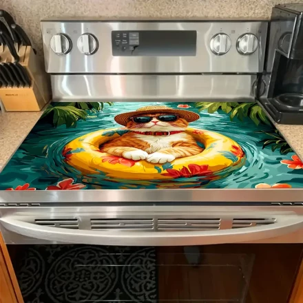 1pc Summer Cat Pattern Stove Cover Mat, Polyester Anti Slip, Vibrant Kitchen Accessories, Home Decoration