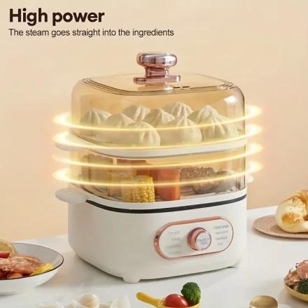 EU Plug Two Tier Electric Food Steamer For Cooking Vegetables, With Visualization Lids And Stackable Baskets For Fast Simultaneous Cooking, 9.5QT Multifunctional Electric Hot Pot, Auto Shutoff & Boil Dry Protection