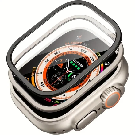 2-Pack 9H Hardness Tempered Glass Screen Protector for Apple Watch Ultra (49mm) with Titanium Frame, Glossy Finish, Scratch-Resistant, Water-Resistant, Fingerprint-Resistant Coating